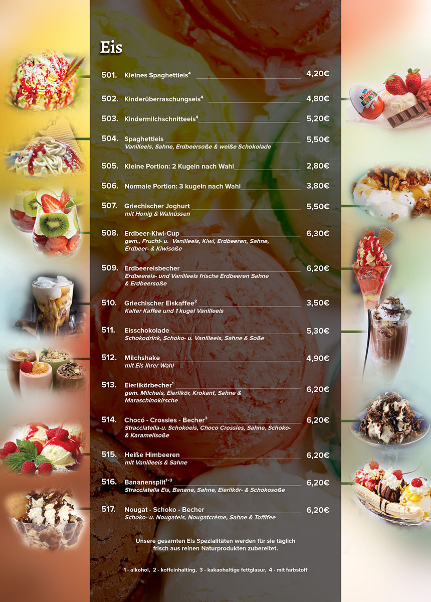 Eiskarte - Ice cream menu